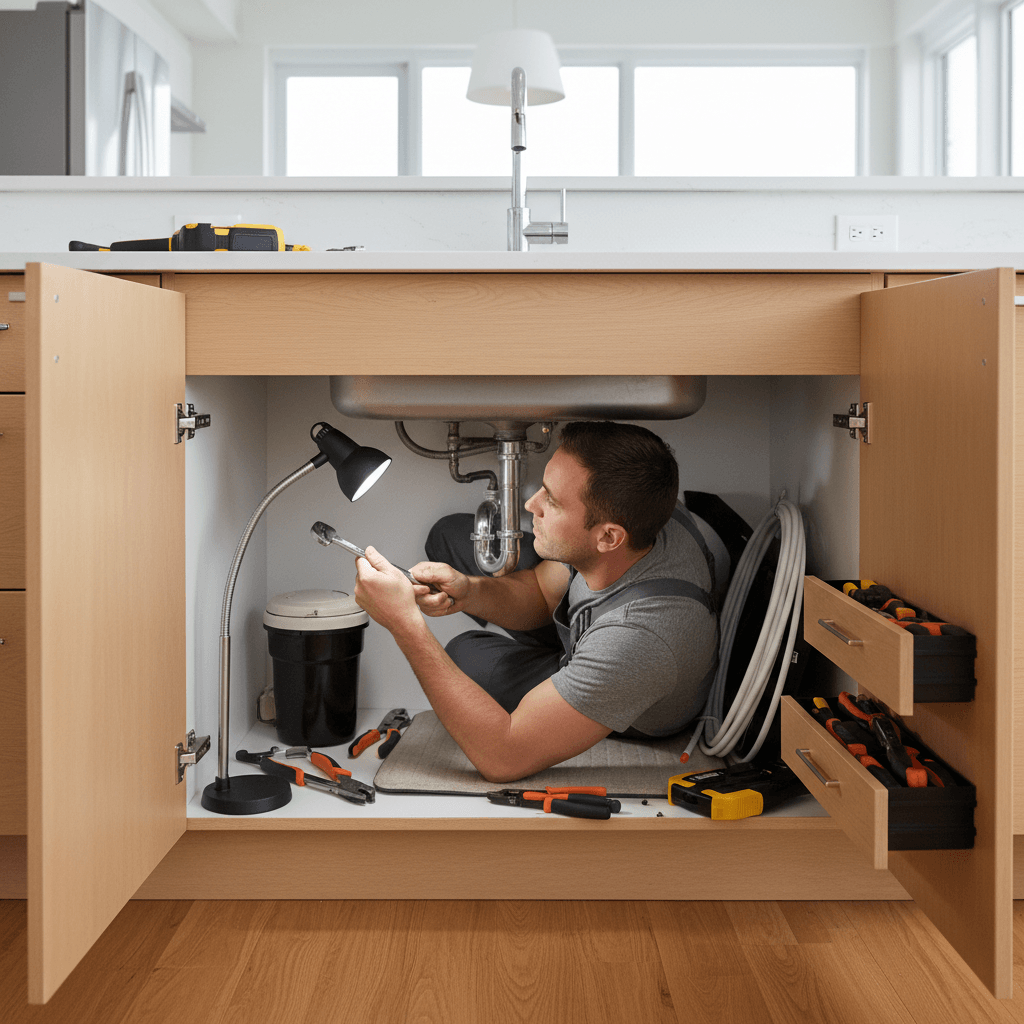 Plumber working under a kitchen sink