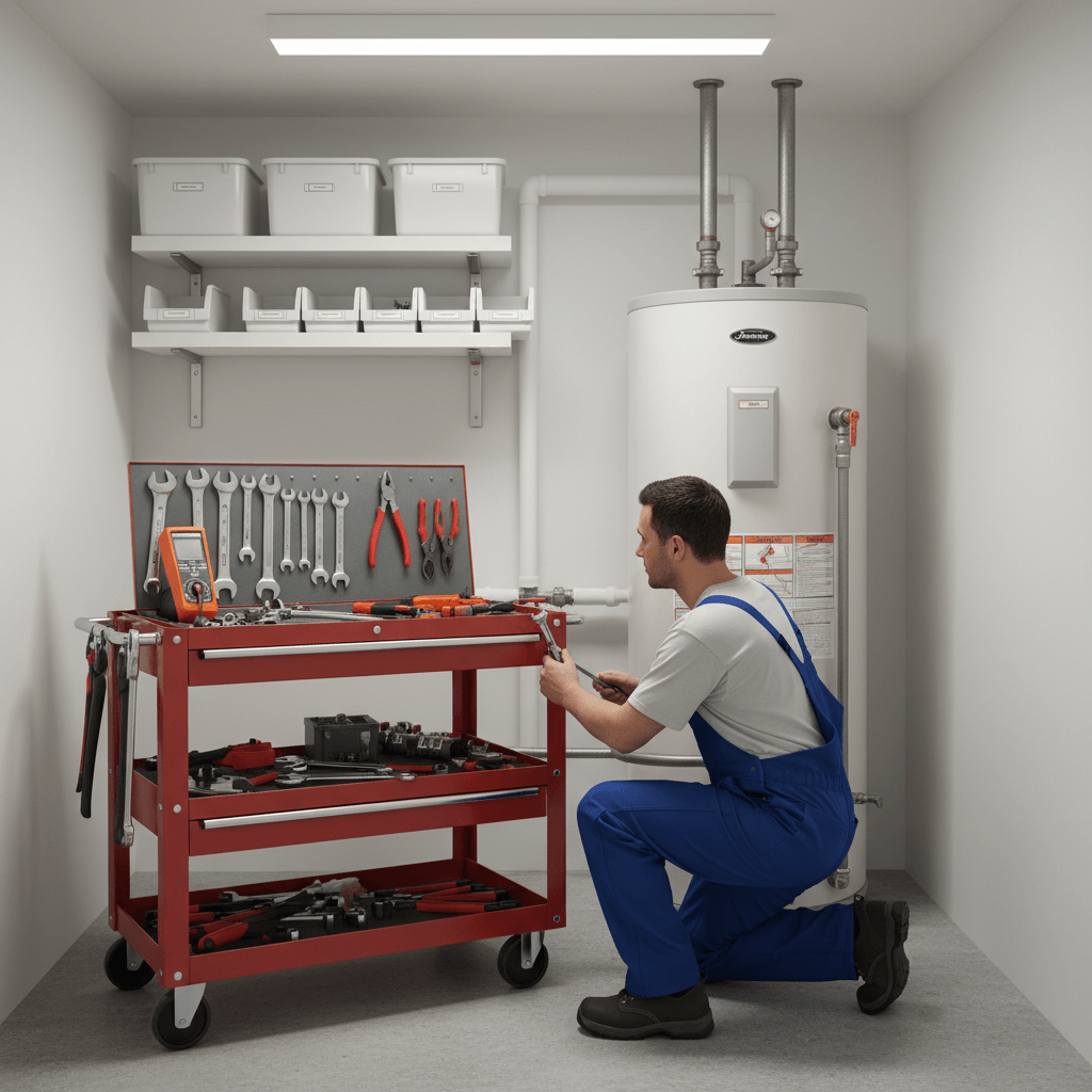 Technician servicing a water heater